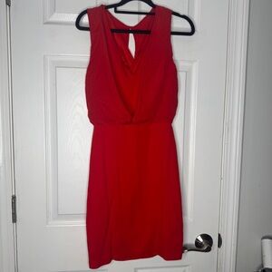 BAILEY44 Red Pencil Dress Size Small USA Made Silk Overlay Criss Cross Open Back